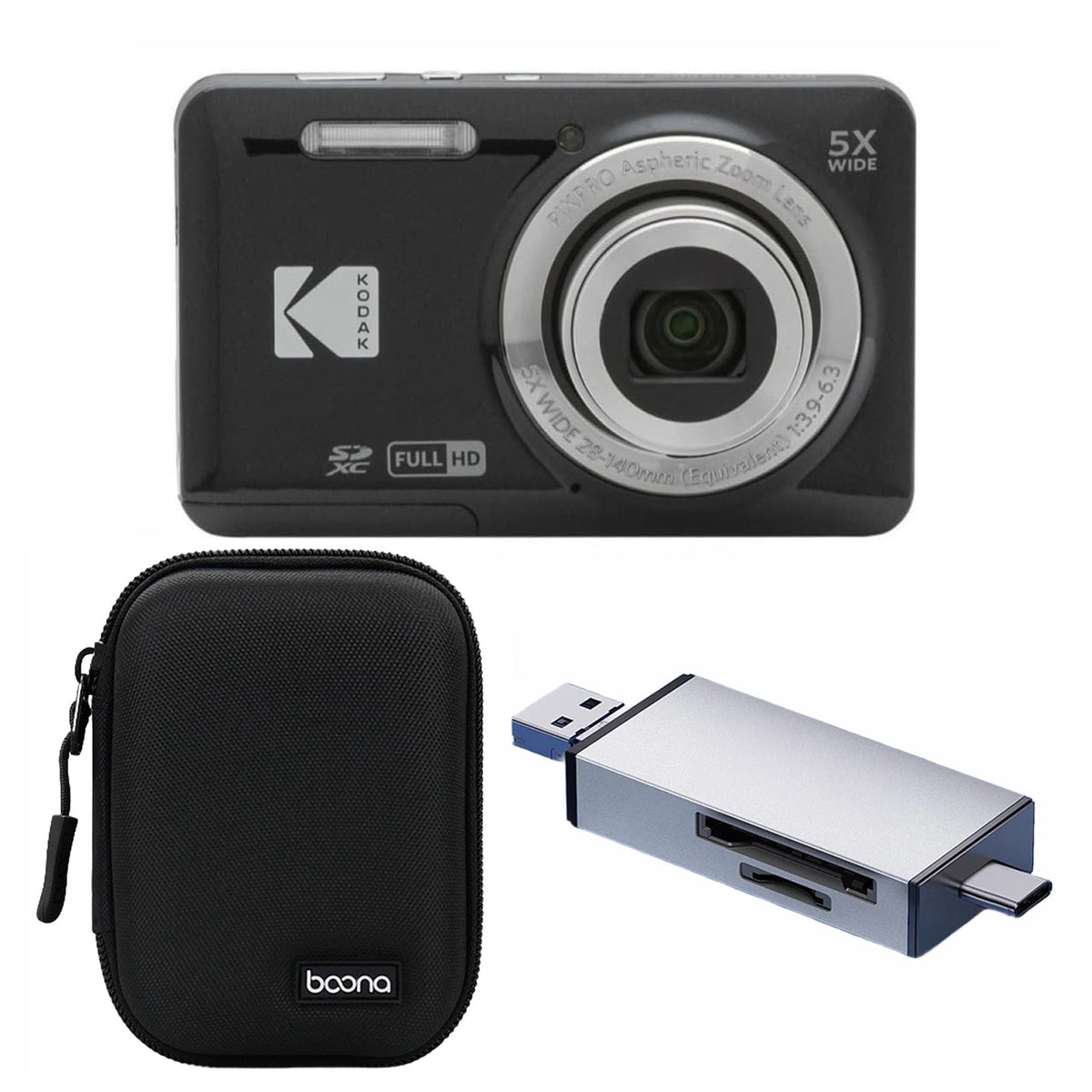 KODAK PIXPRO FZ55 Digital Camera, Black, Black Carry Case, Silver Card Reader Bundle — image 1