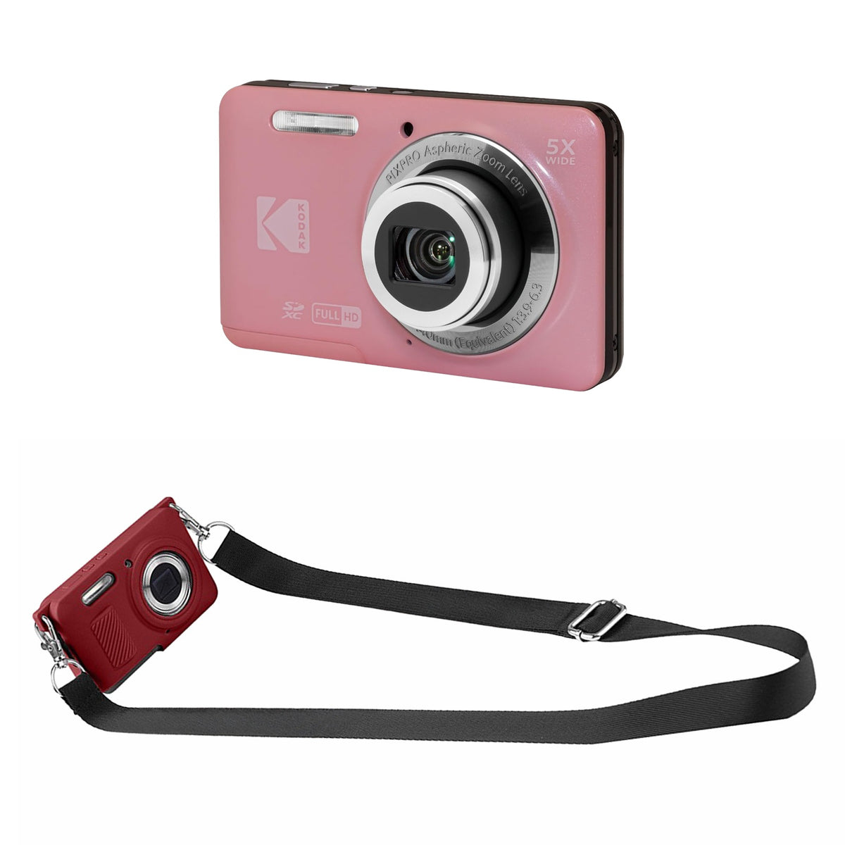KODAK PIXPRO FZ55 Digital Camera, Pink, Red Strap Silicone Case Bundle — image 1