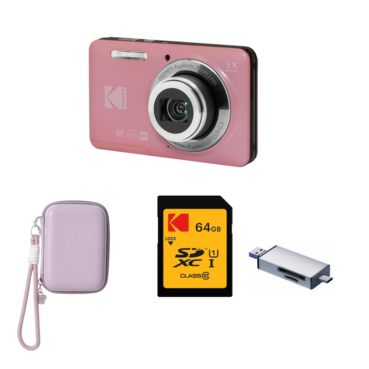 KODAK PIXPRO FZ55 Digital Camera, Pink, Lilac Strap Carry Case, 64GB SD Card, Silver Card Reader Bundle - image 1