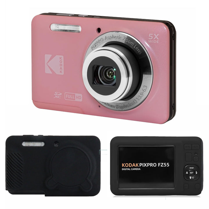 KODAK PIXPRO FZ55 Digital Camera, Pink, Black Cat Silicone Case Bundle