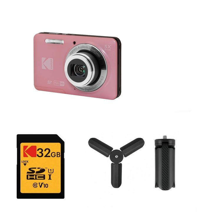 KODAK PIXPRO FZ55 Digital Camera, Pink, Black Carry Case, 32GB SD Card, Mini Tripod Bundle