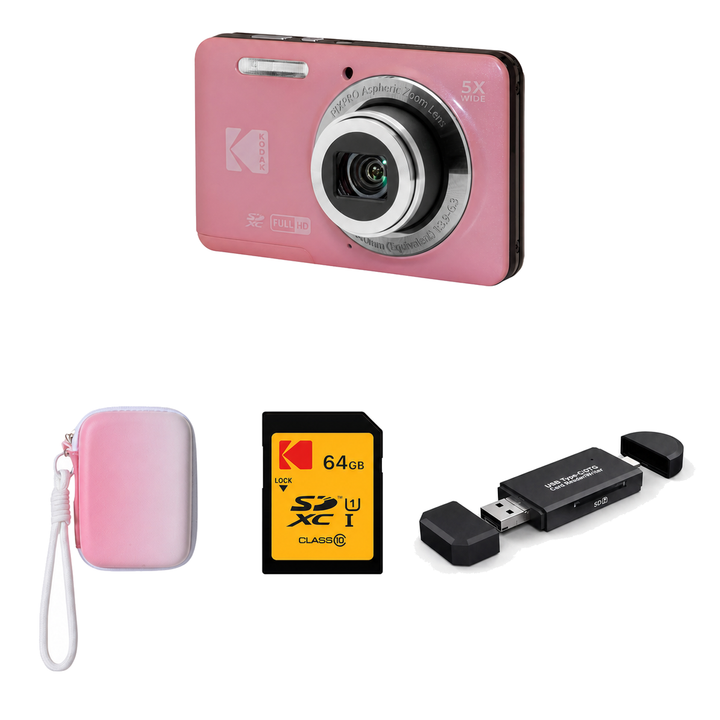 KODAK PIXPRO FZ55 Digital Camera, Pink, Gradient Pink Strap Carry Case, 64GB SD Card, 3-in-1 Card Reader Bundle - image 1