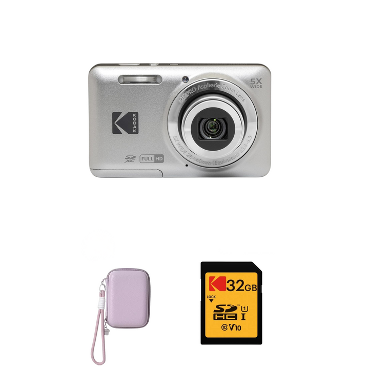 KODAK PIXPRO FZ55 Digital Camera, Silver, Purple Strap Carry Case, 32GB SD Card Bundle
