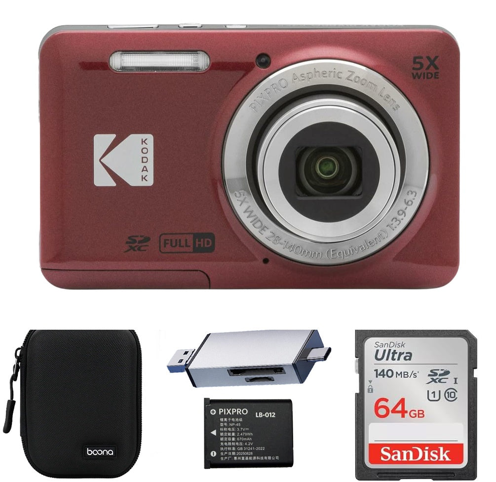 KODAK PIXPRO FZ55 Digital Camera, Red, Black Carry Case, 64GB SD Card, Silver Card Reader, Solid Style, Extra Battery Bundle — image 1