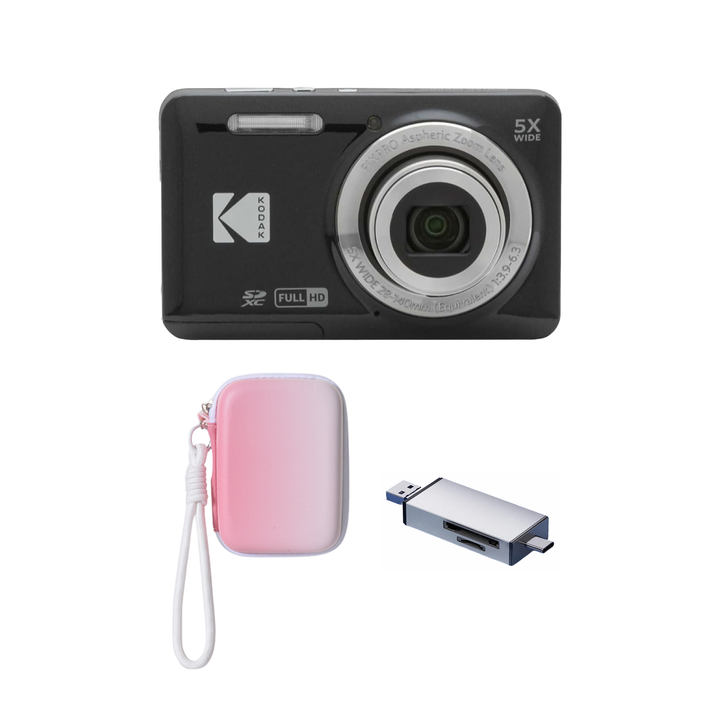 KODAK PIXPRO FZ55 Digital Camera, Black, Gradient Pink Strap Carry Case, Silver Card Reader Bundle - image 1