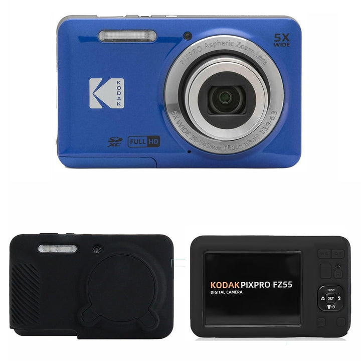 KODAK PIXPRO FZ55 Digital Camera, Blue, Black Cat Silicone Case Bundle