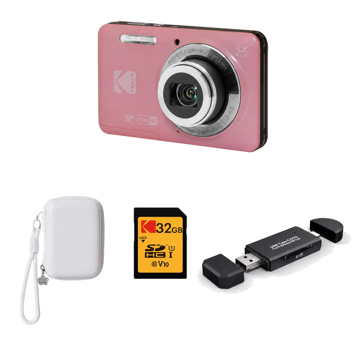 KODAK PIXPRO FZ55 Digital Camera, Pink, Ivory Strap Carry Case, 32GB SD Card, 3-in-1 Card Reader Bundle - image 1