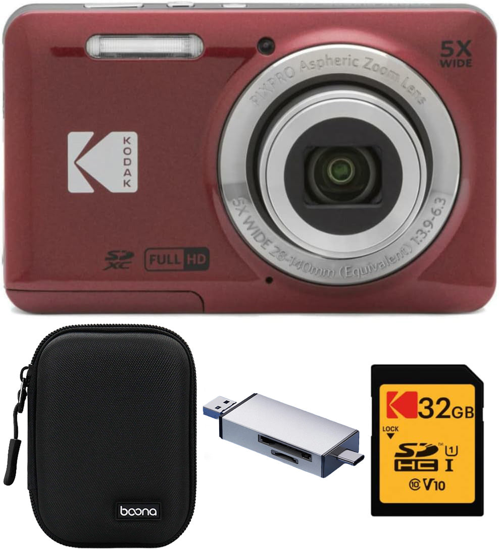 KODAK PIXPRO FZ55 Digital Camera, Red, Black Carry Case, 32GB SD Card, Silver Card Reader, Solid Close-Up Style Bundle — image 1