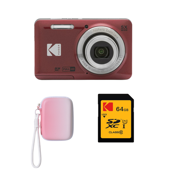 KODAK PIXPRO FZ55 Digital Camera, Red, Gradient Pink Strap Carry Case, 64GB SD Card Bundle - image 1