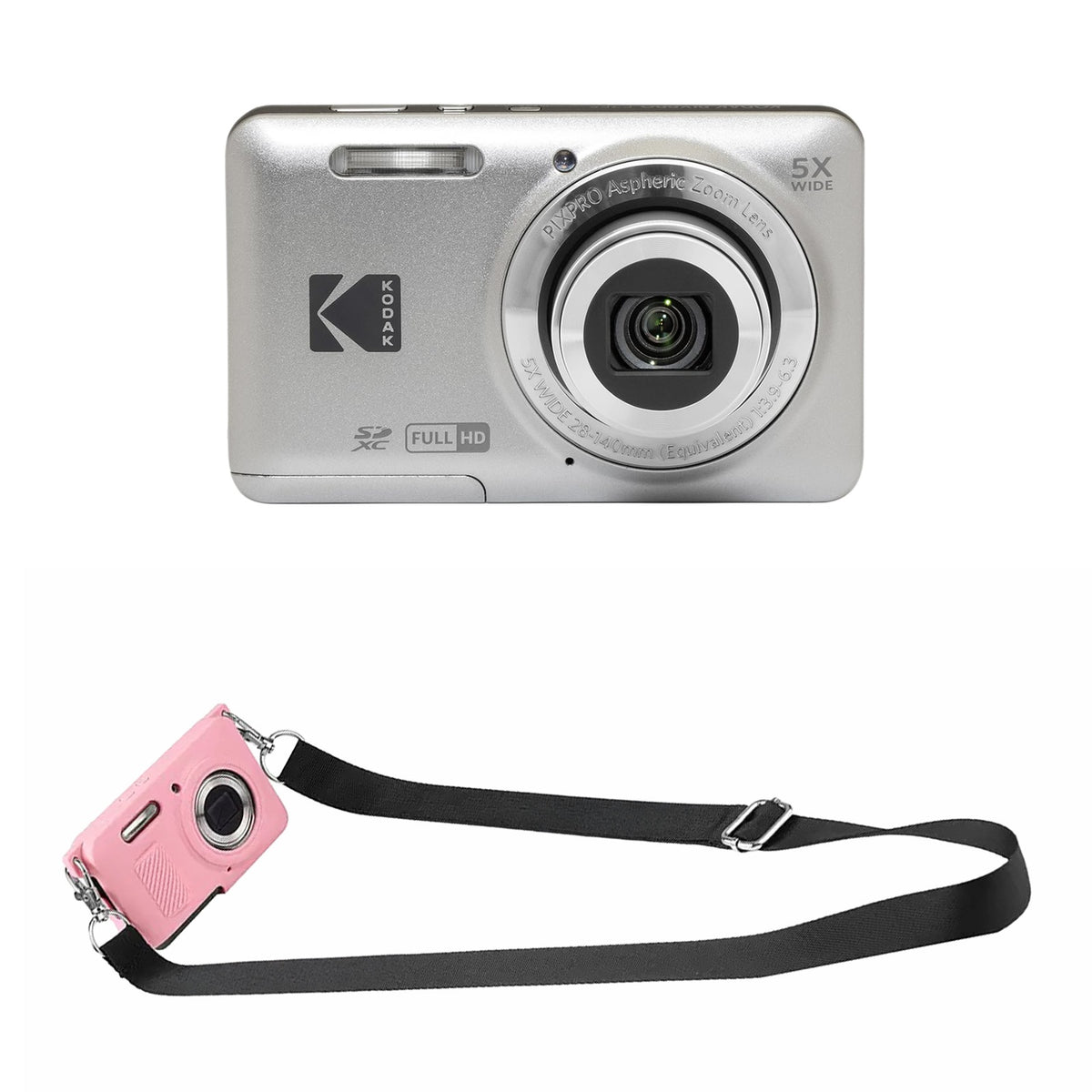 KODAK PIXPRO FZ55 Digital Camera, Silver, Pink Strap Silicone Case Bundle — image 1