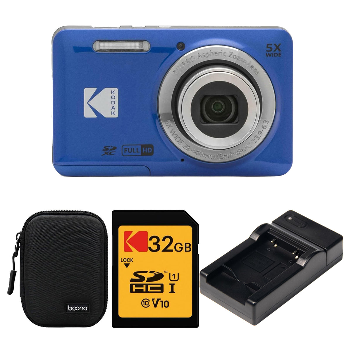 KODAK PIXPRO FZ55 Digital Camera, Blue, Black Carry Case, 32GB SD Card, Charging Cradle Bundle — image 1