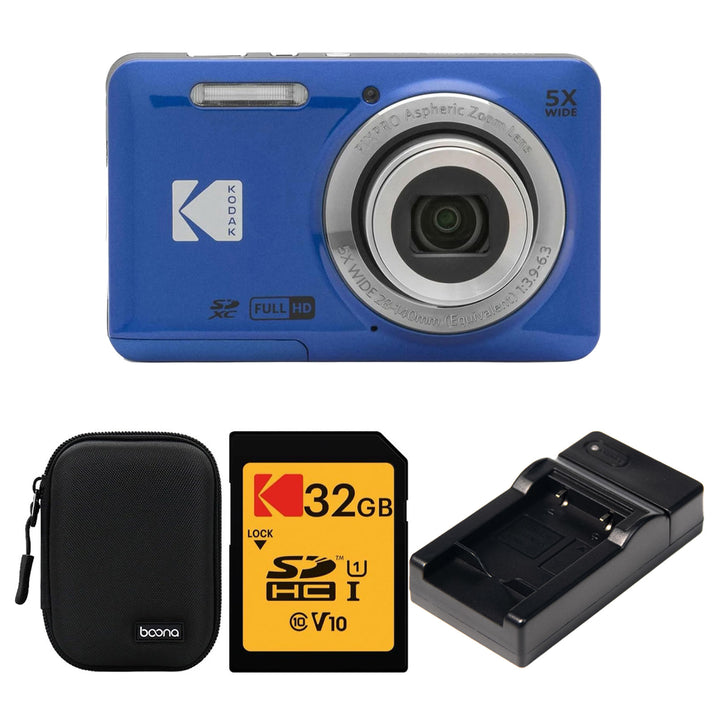 KODAK PIXPRO FZ55 Digital Camera, Blue, Black Carry Case, 32GB SD Card, Charging Cradle Bundle