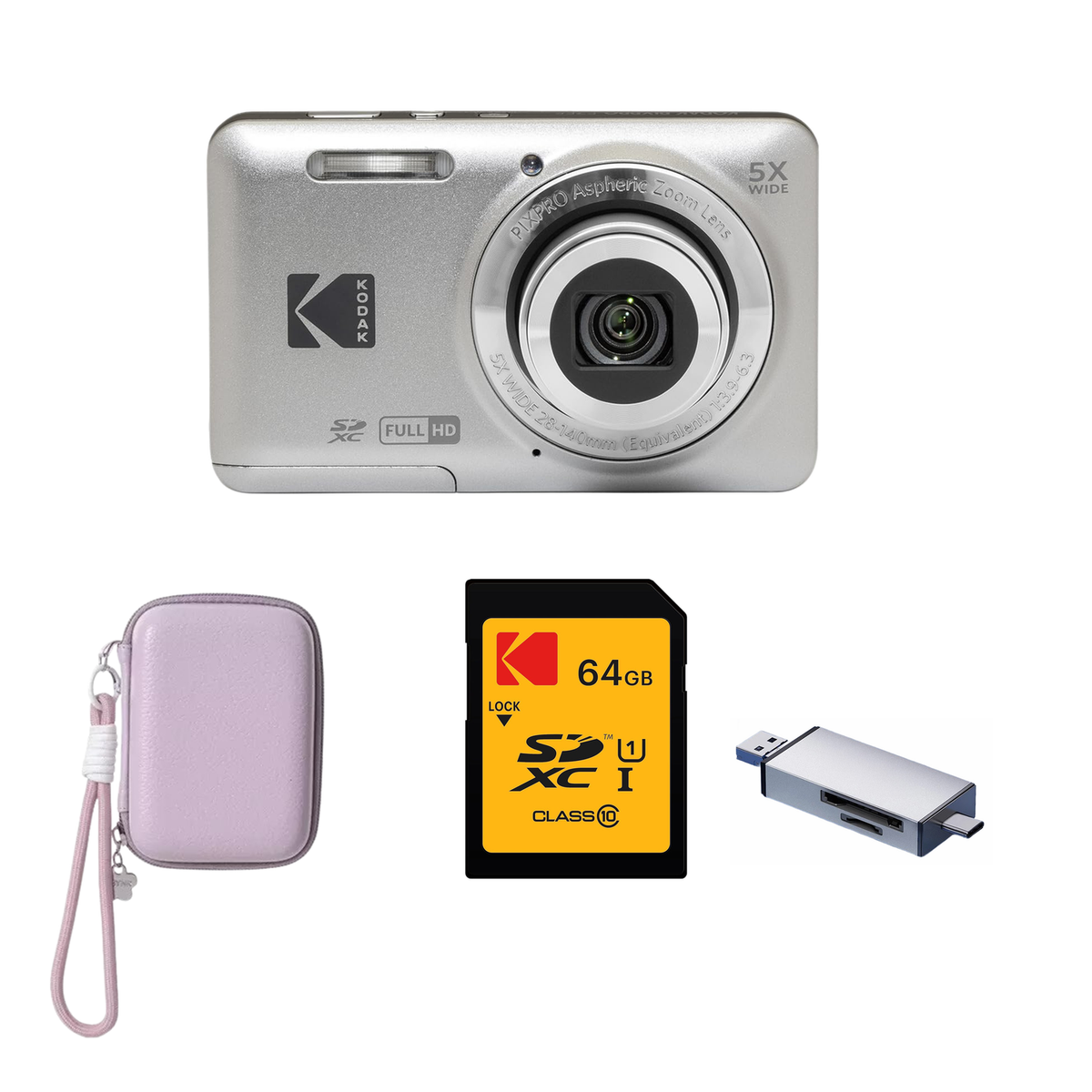 KODAK PIXPRO FZ55 Digital Camera, Silver, Lilac Strap Carry Case, 64GB SD Card, Silver Card Reader Bundle - image 1