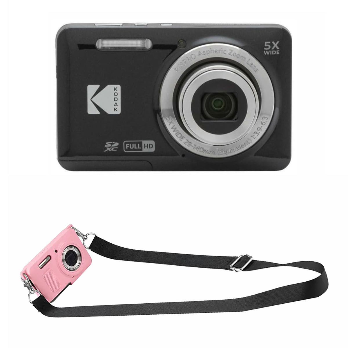 KODAK PIXPRO FZ55 Digital Camera, Black, Pink Strap Silicone Case Bundle — image 1