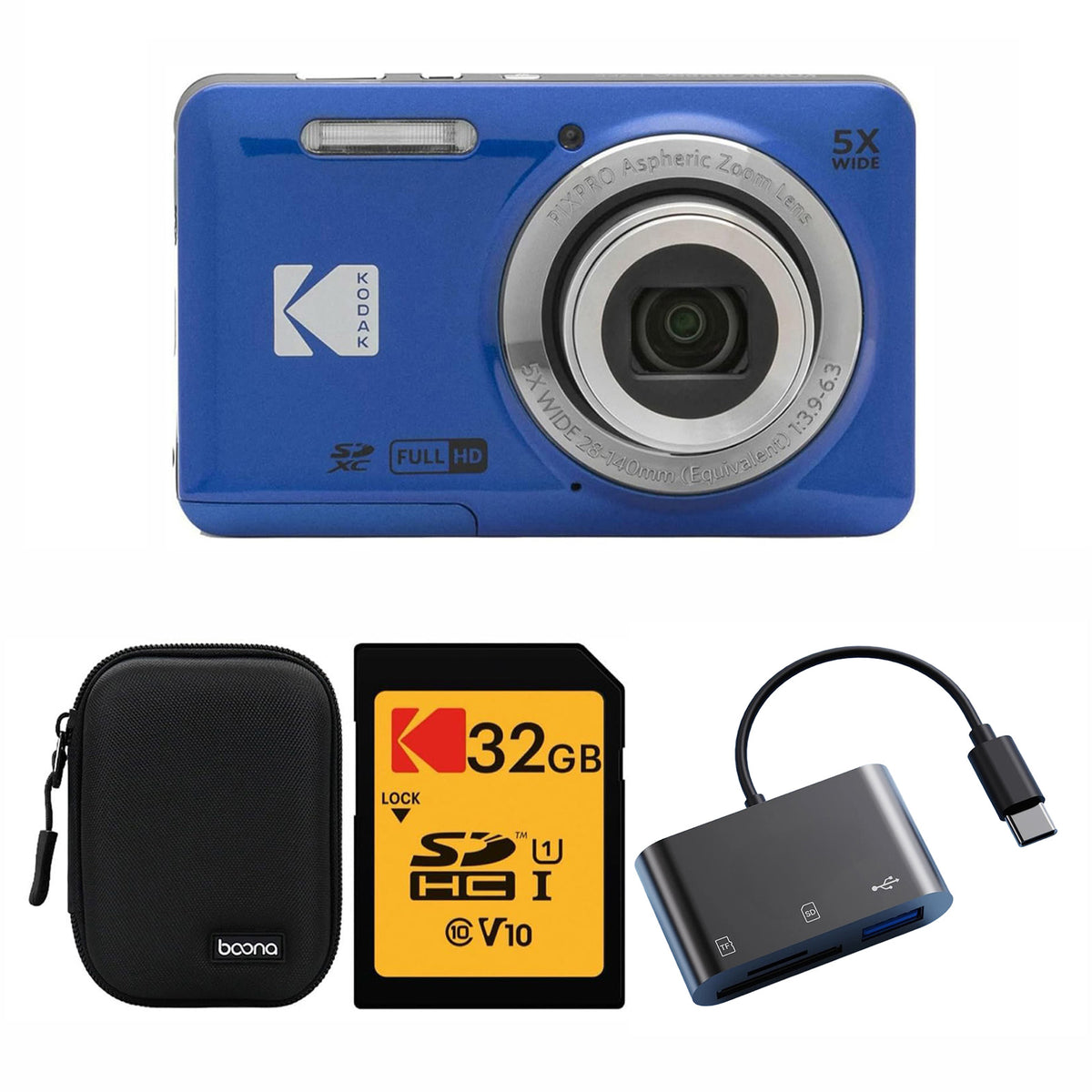 KODAK PIXPRO FZ55 Digital Camera, Blue, Black Carry Case, 32GB SD Card, Dark Gray Card Reader Bundle — image 1
