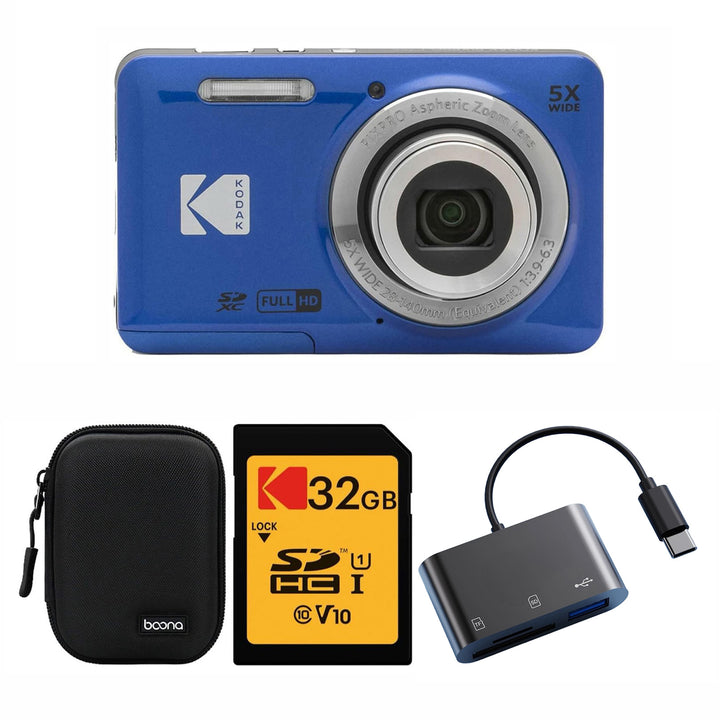 KODAK PIXPRO FZ55 Digital Camera, Blue, Black Carry Case, 32GB SD Card, Dark Gray Card Reader Bundle
