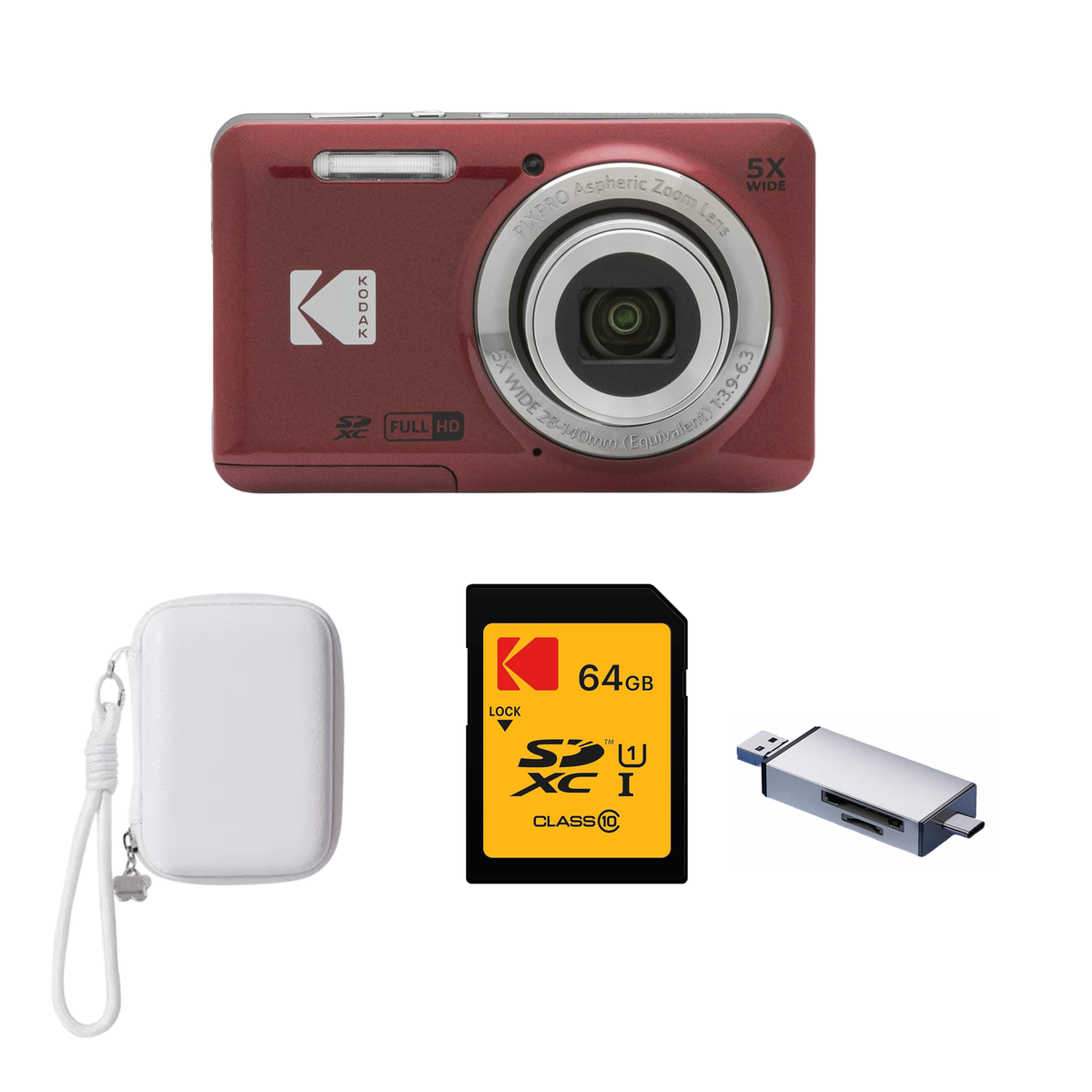 KODAK PIXPRO FZ55 Digital Camera, Red, Ivory Strap Carry Case, 64GB SD Card, Silver Card Reader Bundle - image 1