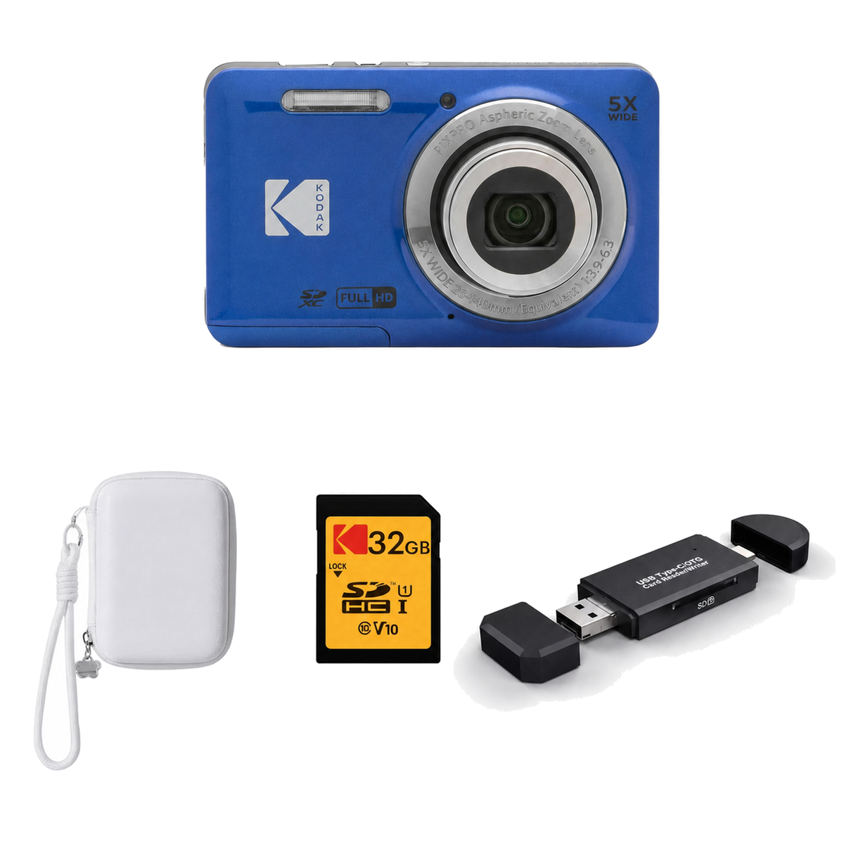 KODAK PIXPRO FZ55 Digital Camera, Blue, Ivory Strap Carry Case, 32GB SD Card, 3-in-1 Card Reader Bundle - image 1