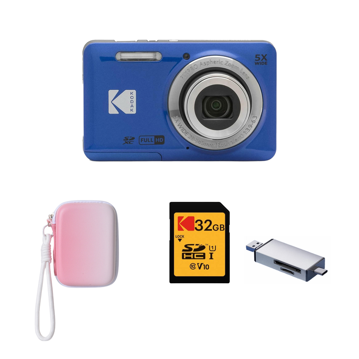KODAK PIXPRO FZ55 Digital Camera, Blue, Gradient Pink Strap Carry Case, 32GB SD Card, Silver Card Reader Bundle - image 1