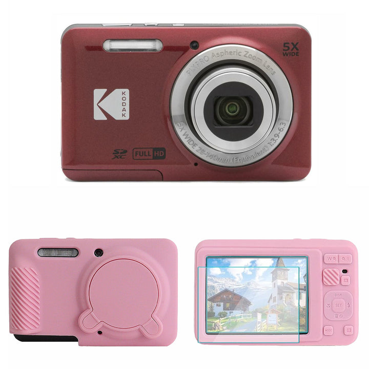 KODAK PIXPRO FZ55 Digital Camera, Red, Pink Cat Silicone Case Bundle