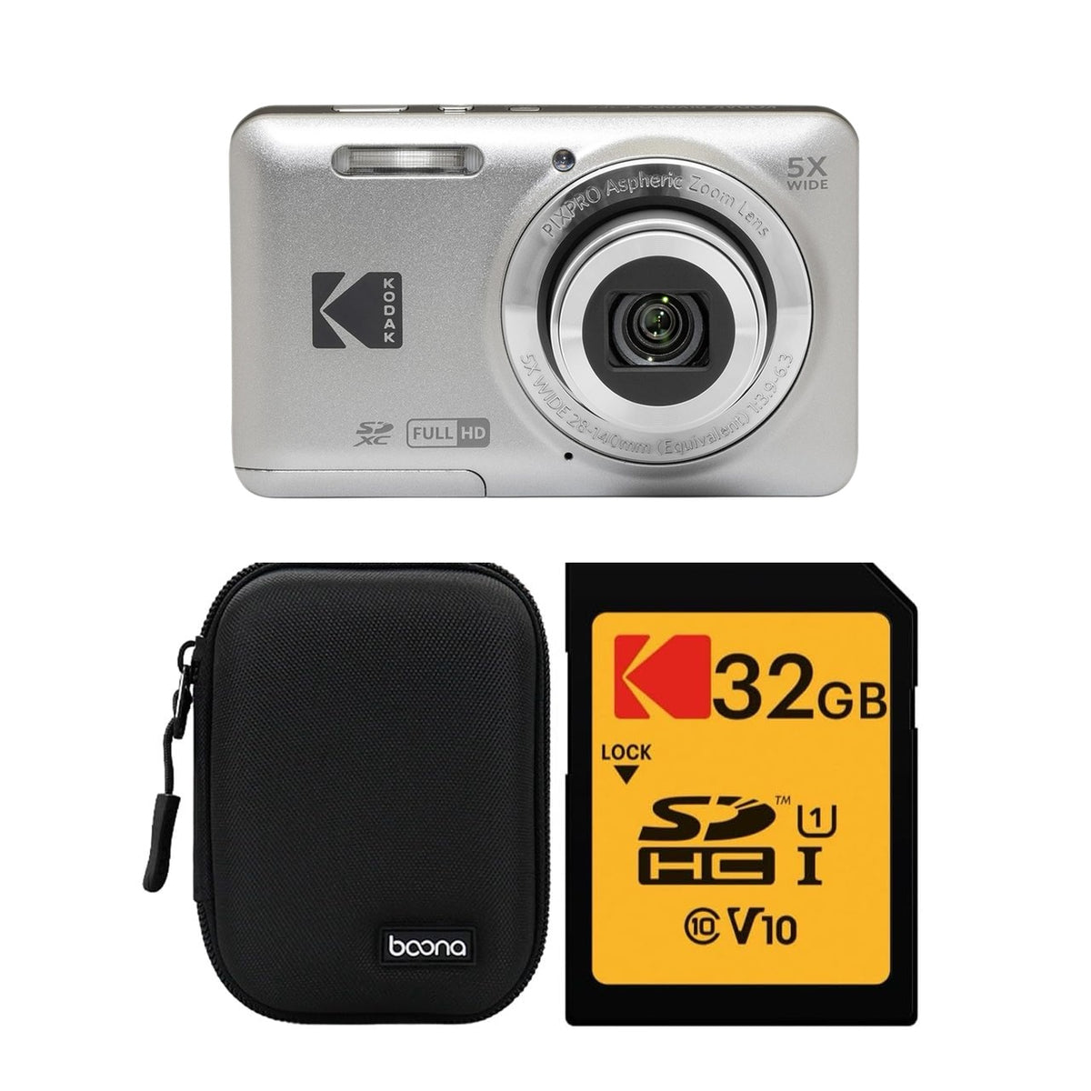 KODAK PIXPRO FZ55 Digital Camera, Silver, Black Carry Case, 32GB SD Card, Close-Up Style Bundle — image 1