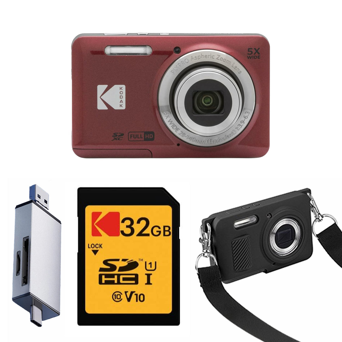 KODAK PIXPRO FZ55 Digital Camera, Red, 32GB SD Card, Silver Card Reader, Black Strap Silicone Case Bundle — image 1