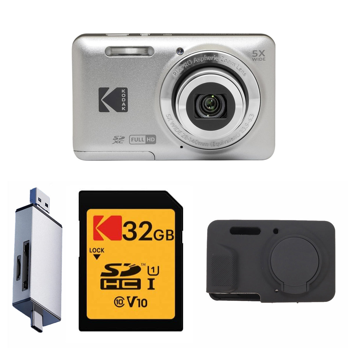 KODAK PIXPRO FZ55 Digital Camera, Silver, 32GB SD Card, Silver Card Reader, Black Silicone Case Bundle — image 1