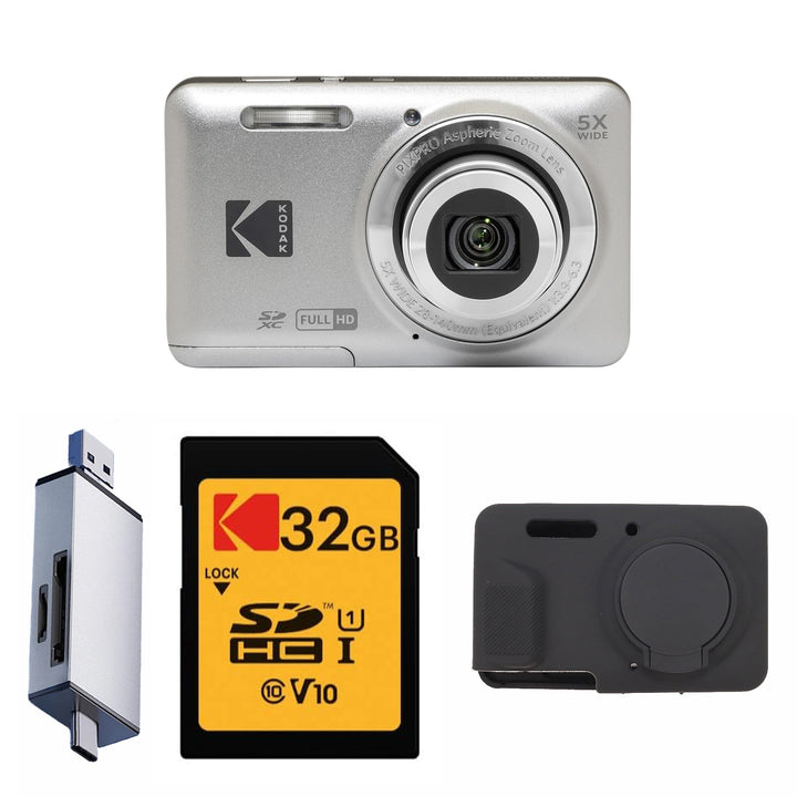 KODAK PIXPRO FZ55 Digital Camera, Silver, 32GB SD Card, Silver Card Reader, Black Silicone Case Bundle