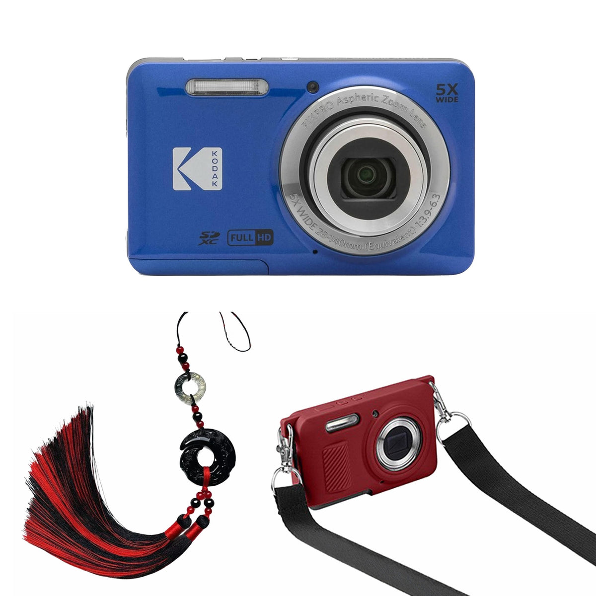 KODAK PIXPRO FZ55 Digital Camera, Blue, Red Strap Silicone Case, Tassel Charm Bundle — image 1