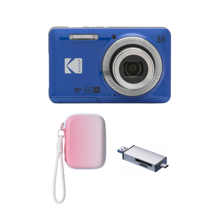 KODAK PIXPRO FZ55 Digital Camera, Blue, Gradient Pink Strap Carry Case, Silver Card Reader Bundle - image 1