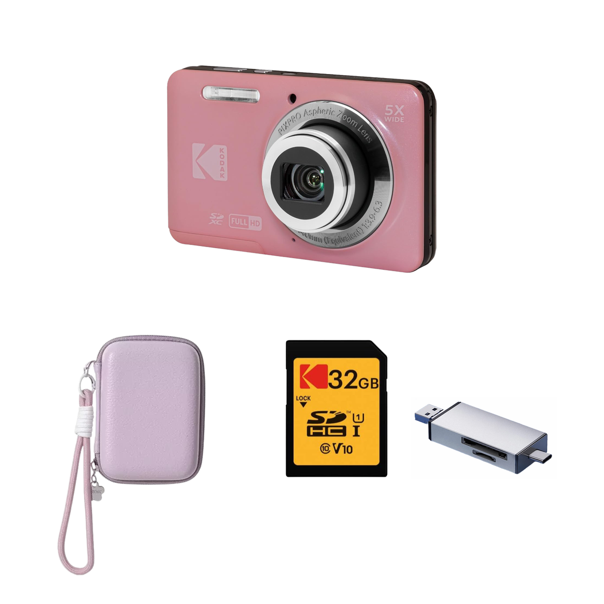 KODAK PIXPRO FZ55 Digital Camera, Pink, Lilac Strap Carry Case, 32GB SD Card, Silver Card Reader Bundle - image 1