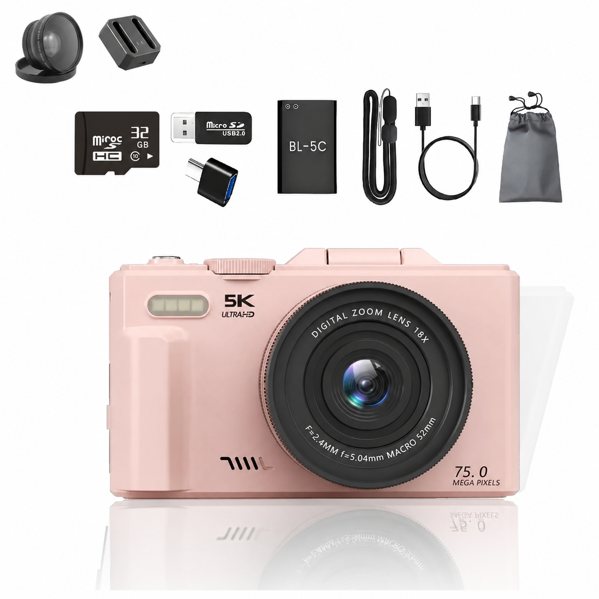 FLATIC Compact Digital Camera, Pink, 32GB SD Card - image 1