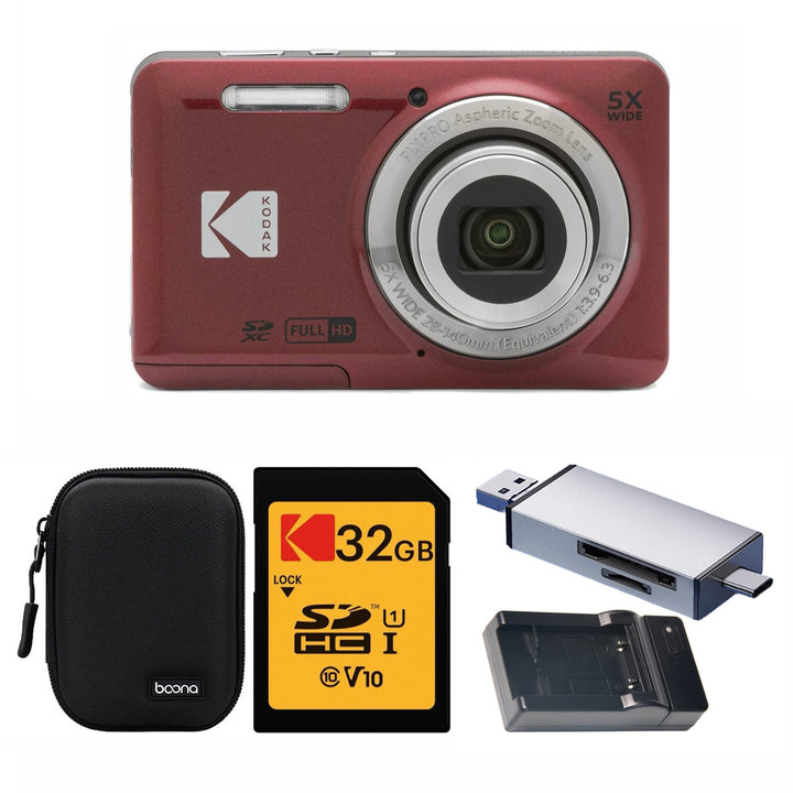 KODAK PIXPRO FZ55 Digital Camera, Red, Black Carry Case, 32GB SD Card, Silver Card Reader, Charging Cradle Bundle