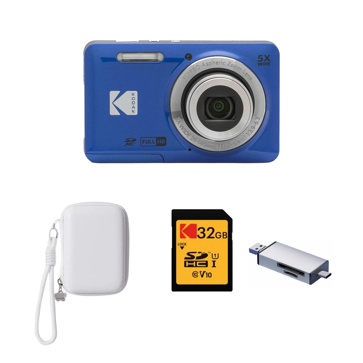 KODAK PIXPRO FZ55 Digital Camera, Blue, Ivory Strap Carry Case, 32GB SD Card, Silver Card Reader Bundle - image 1