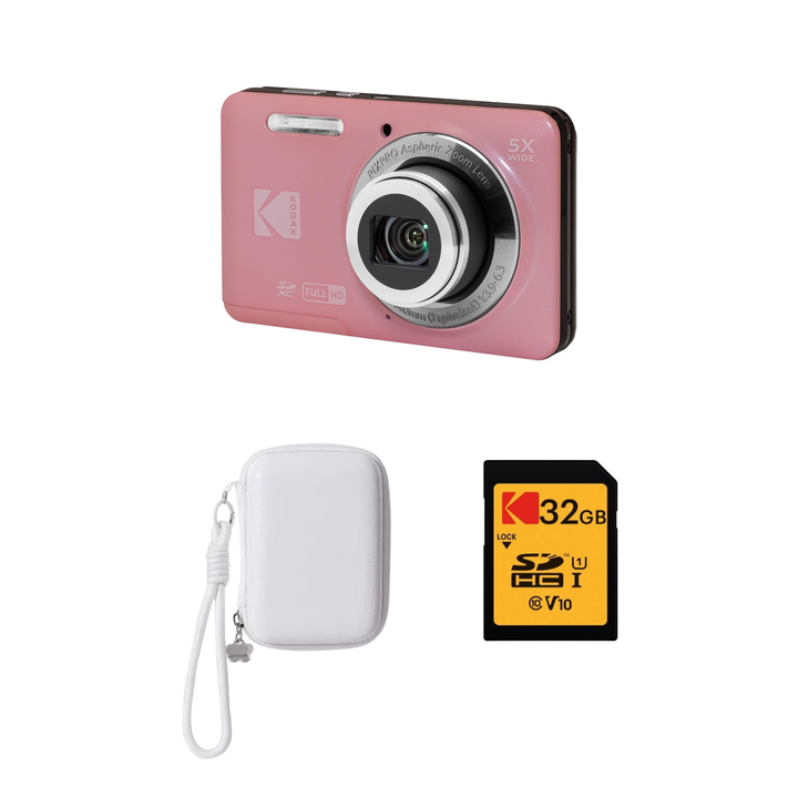 KODAK PIXPRO FZ55 Digital Camera, Pink, Ivory Strap Carry Case, 32GB SD Card Bundle - image 1