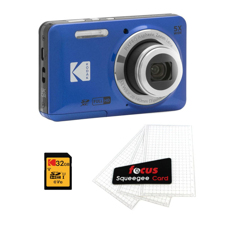 KODAK PIXPRO FZ55 Digital Camera, Blue, 32GB SD Card, Cleaning Card Bundle