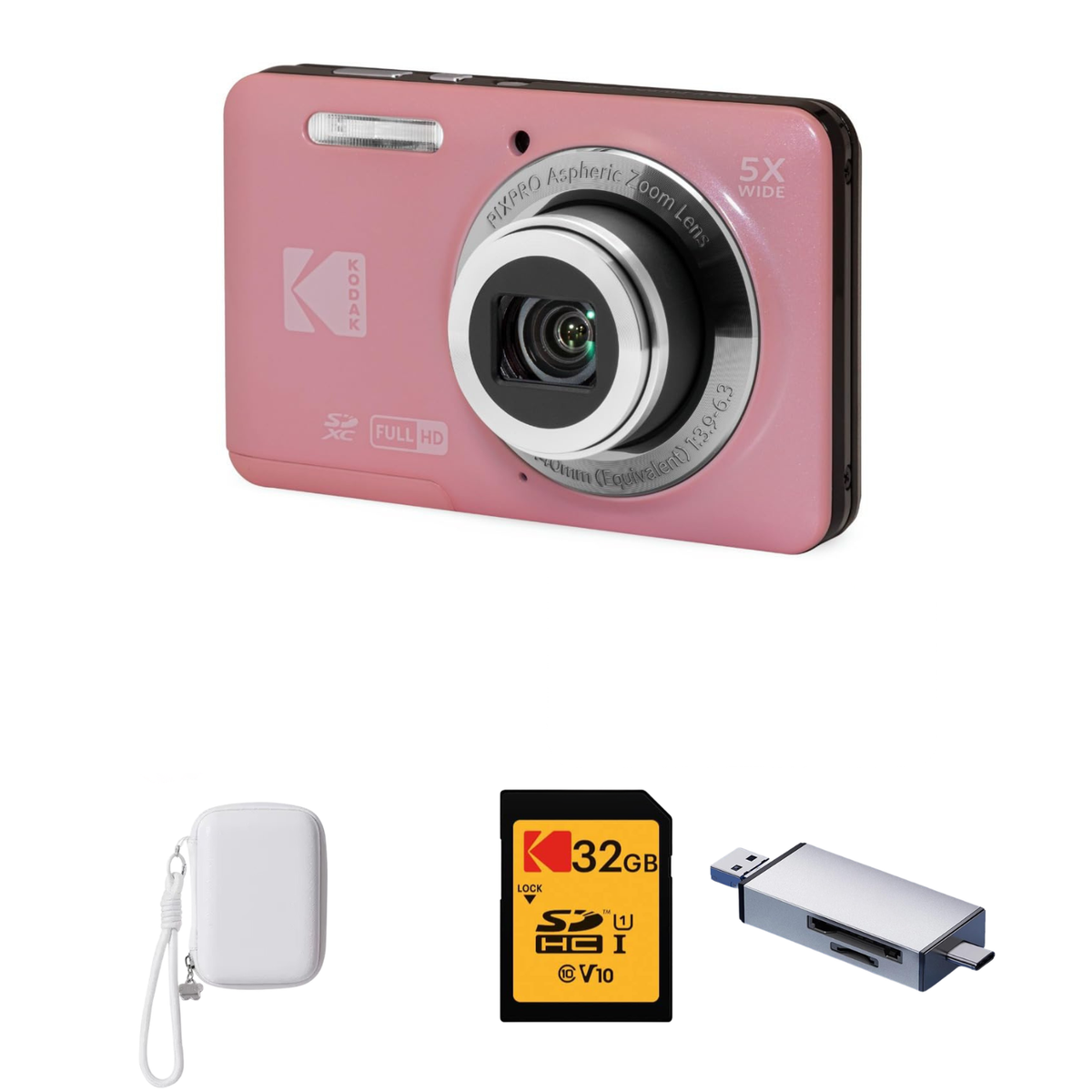 KODAK PIXPRO FZ55 Digital Camera, Pink, White Strap Carry Case, 32GB SD Card, Silver Card Reader Bundle — image 1