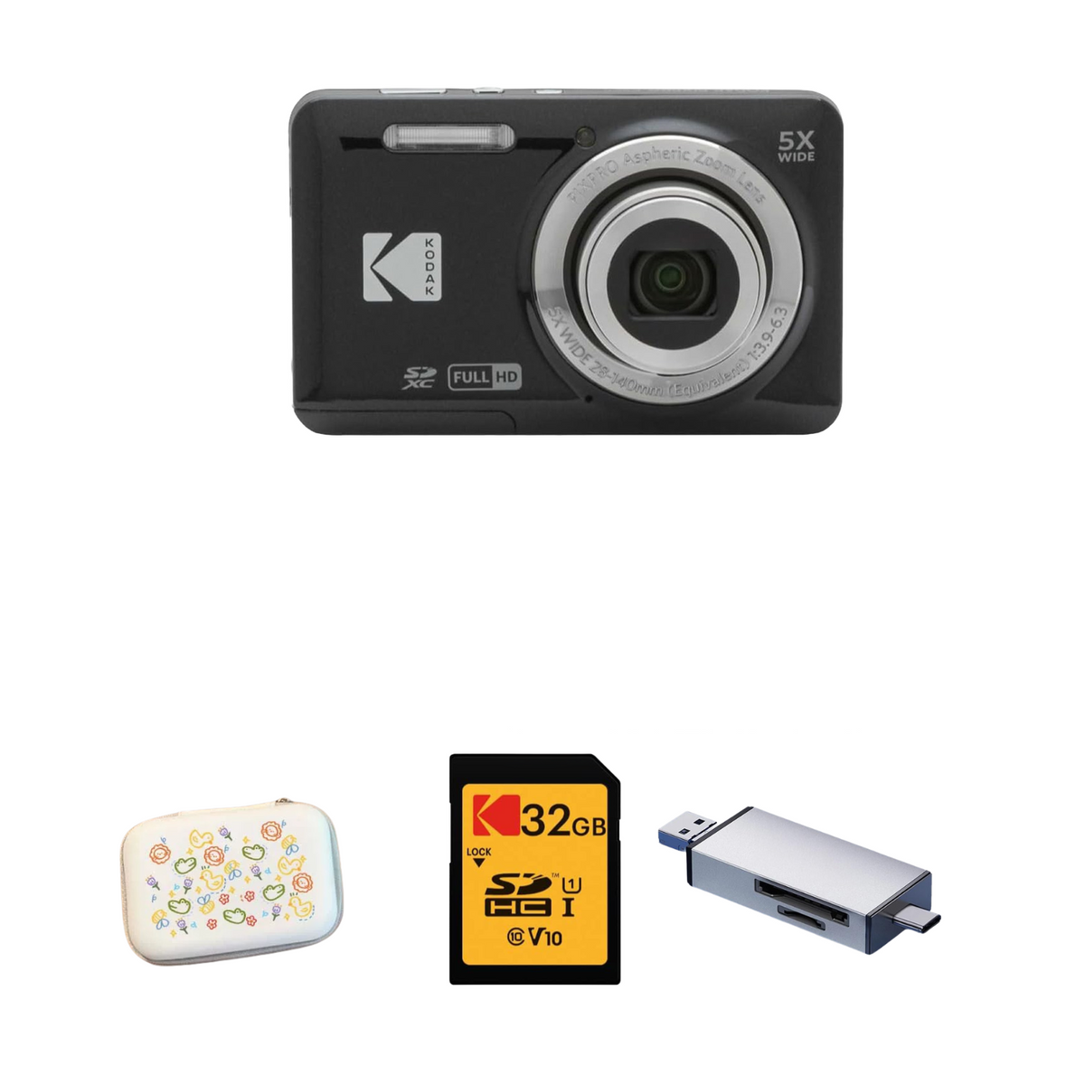 KODAK PIXPRO FZ55 Digital Camera, Black, Speckled White Carry Case, 32GB SD Card, Silver Card Reader, Close-Up Style Bundle — image 1