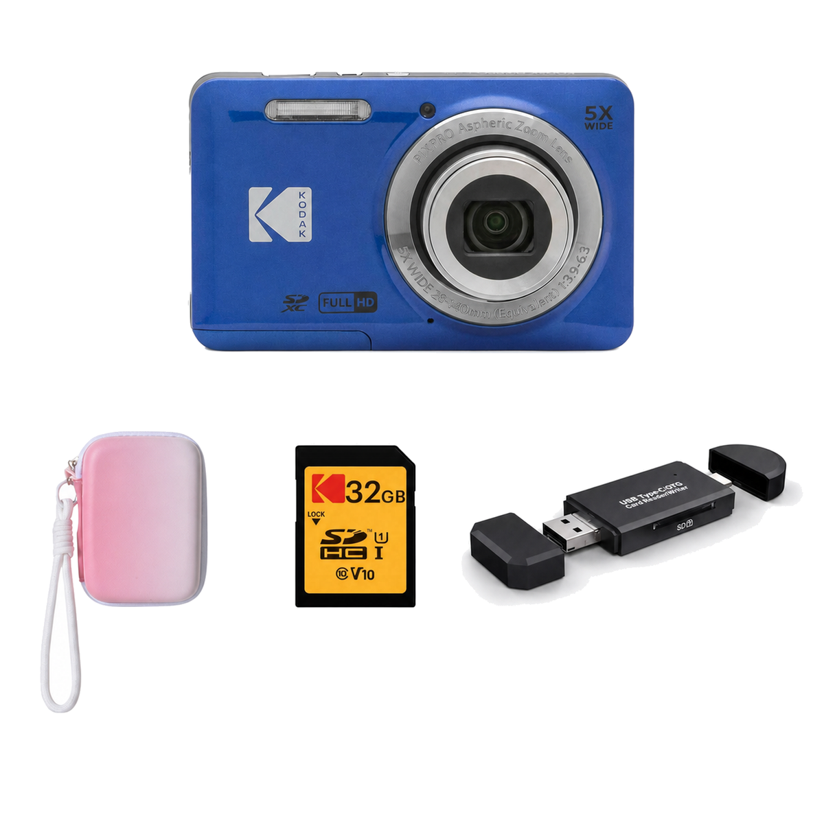 KODAK PIXPRO FZ55 Digital Camera, Blue, Gradient Pink Strap Carry Case, 32GB SD Card, 3-in-1 Card Reader Bundle - image 1