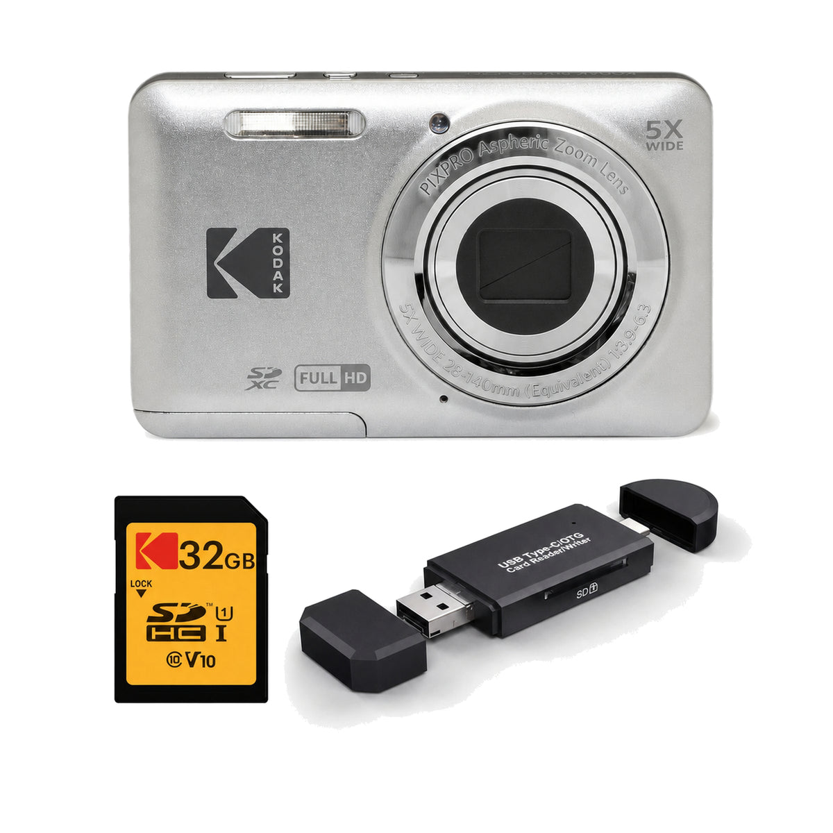 KODAK PIXPRO FZ55 Digital Camera, Silver, 32GB SD Card, 3-in-1 Card Reader Bundle - image 1