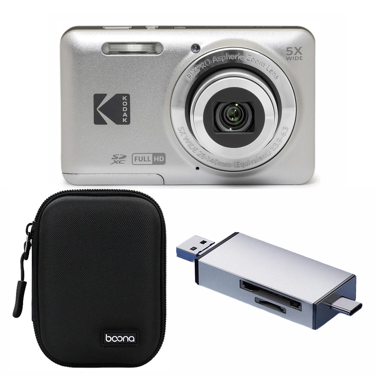 KODAK PIXPRO FZ55 Digital Camera, Silver, Black Carry Case, Silver Card Reader Bundle — image 1