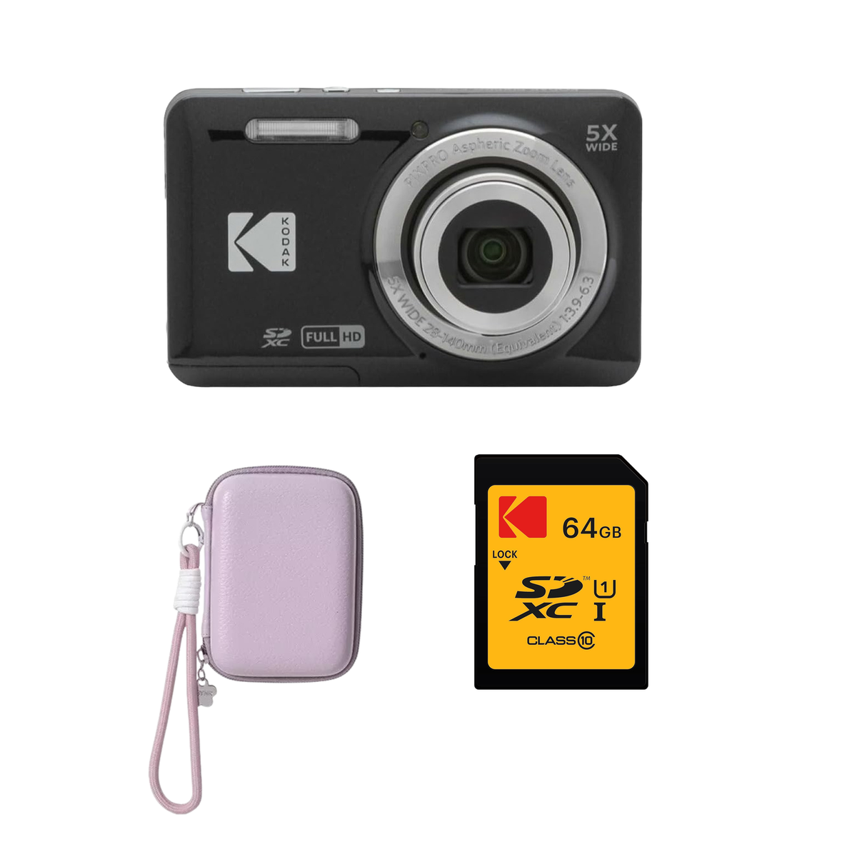 KODAK PIXPRO FZ55 Digital Camera, Black, Lilac Strap Carry Case, 64GB SD Card Bundle - image 1