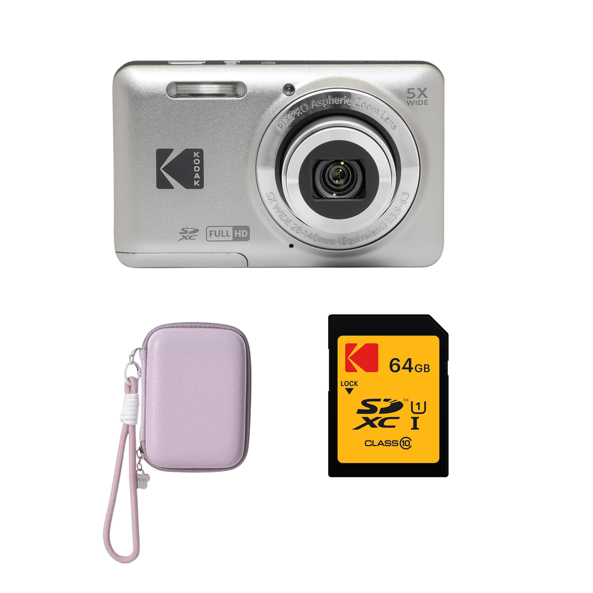 KODAK PIXPRO FZ55 Digital Camera, Silver, Lilac Strap Carry Case, 64GB SD Card Bundle - image 1