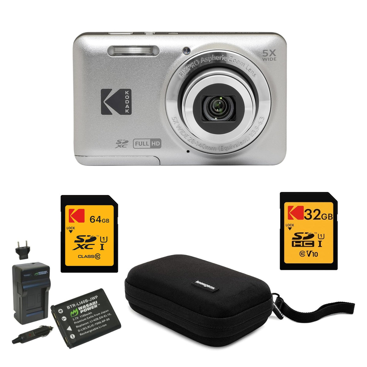 KODAK PIXPRO FZ55 Digital Camera, Silver, Black Carry Case, 64GB SD Card, 32GB SD Card, Charging Cradle, Extra Battery Bundle — image 1