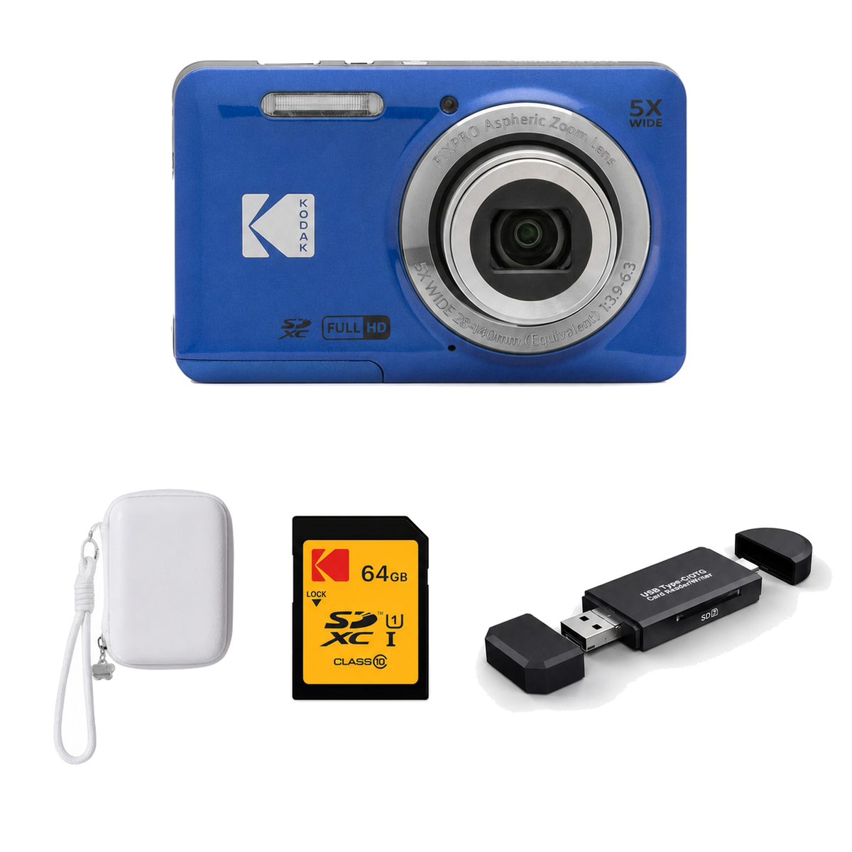 KODAK PIXPRO FZ55 Digital Camera, Blue, Ivory Strap Carry Case, 64GB SD Card, 3-in-1 Card Reader Bundle - image 1