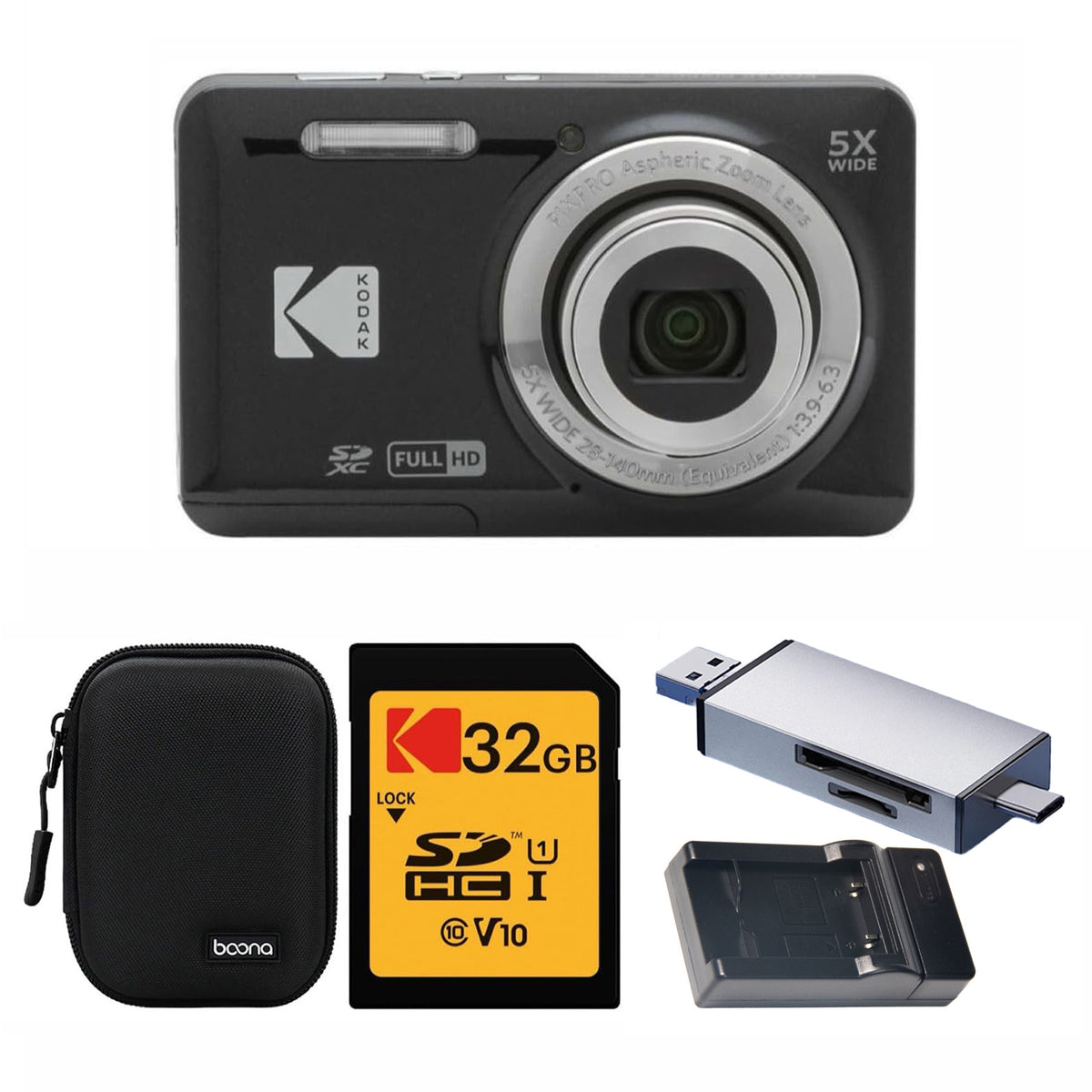 KODAK PIXPRO FZ55 Digital Camera, Black, Black Carry Case, 32GB SD Card, Silver Card Reader, Charging Cradle Bundle — image 1