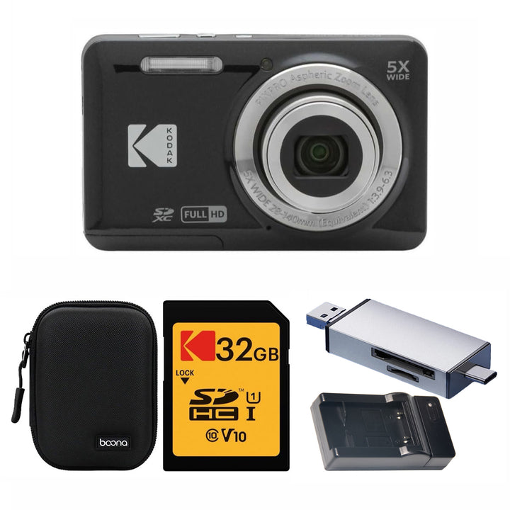 KODAK PIXPRO FZ55 Digital Camera, Black, Black Carry Case, 32GB SD Card, Silver Card Reader, Charging Cradle Bundle