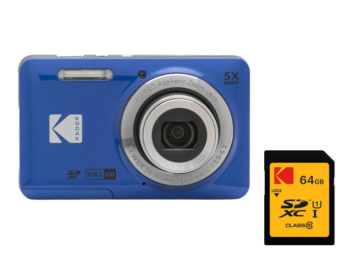 KODAK PIXPRO FZ55 Digital Camera, Blue, 64GB SD Card Bundle