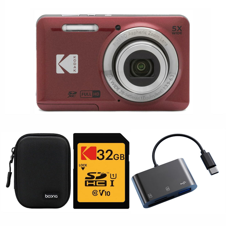 KODAK PIXPRO FZ55 Digital Camera, Red, Black Carry Case, 32GB SD Card, Dark Gray Card Reader Bundle