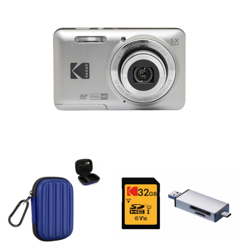 KODAK PIXPRO FZ55 Digital Camera, Silver, Blue Carry Case, 32GB SD Card, Silver Card Reader Bundle — image 1